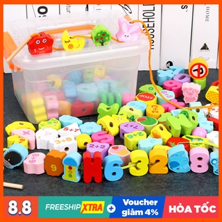 Đồ chơi xâu hạt gỗ, xâu vòng hạt cườm 106 chi tiết cho bé phát triển kỹ năng