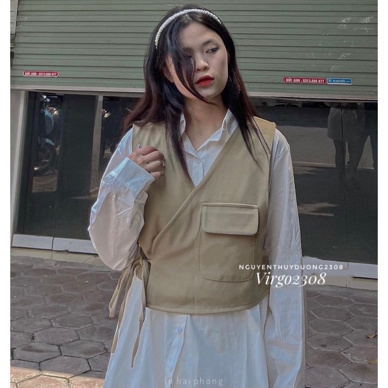 [HÀNG SẴN]SET ÁO SƠMI MIX GILE túi nắp nơ eo siêu xinh | BigBuy360 - bigbuy360.vn