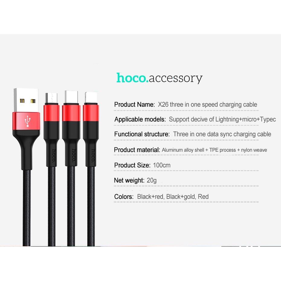 ⛔Cáp Sạc Nhanh 3 đầu ⛔Hoco X26 - Cổng linghtning, micro, typeC cho điện thoại iphone, samsung, oppo