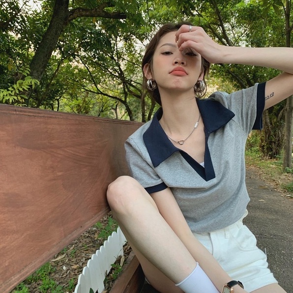 【ZHELIHANGFEI】 Áo Thun POLO Dệt Kim Ngắn Tay Phối Màu Tương Phản Cá Tính