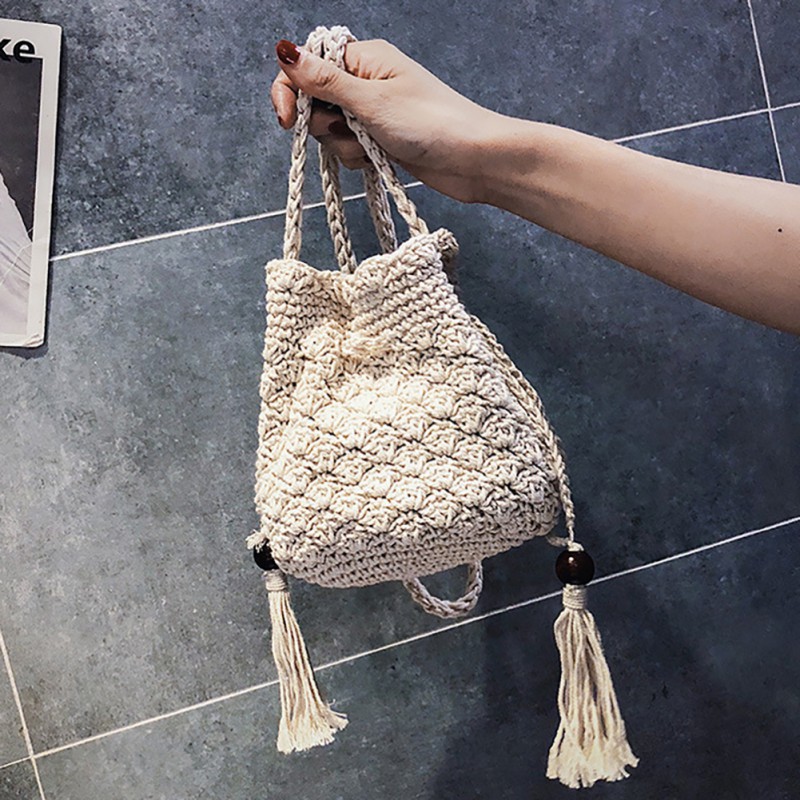Túi cói vải lanh cotton phối tua rua làm thủ công kiểu vintage thời trang