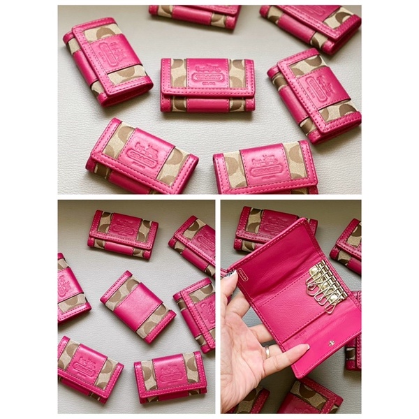 TNS-Ví chìa khoá siêu xịn chuẩn hãng keychain wallet-chất da phối canvas bền đẹp-nâu phối hồng fuchsia