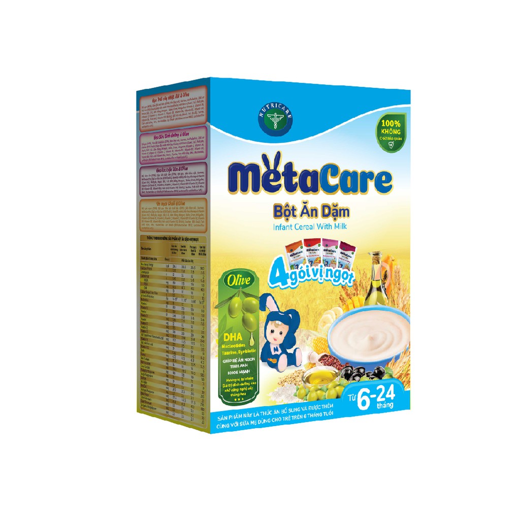 Bột ăn dặm dinh dưỡng Nutricare Metacare Yến Mạch Gạo Lức 4 vị Ngọt phát triển toàn diện (200g)