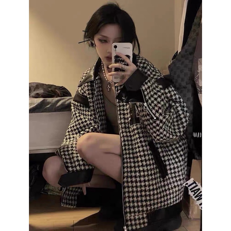 Áo khoác dạ tweed bomber 3D chữ N kẻ caro from rộng dài tay cổ bẻ phối da Ulzzang Unisex nam n | BigBuy360 - bigbuy360.vn