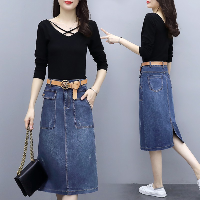 Chân váy jean chữ A form dài QUẢNG CHÂU nữ CV179