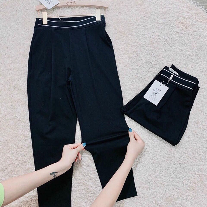 Quần baggy nữ lưng cao vải umi cạp viền trắng Ladya Store M002