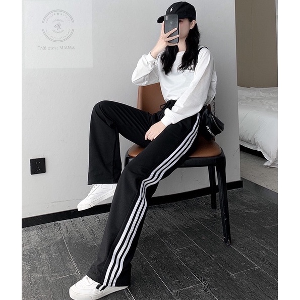 Quần thể thao nữ ống rộng 3 sọc vải Umi màu đen dáng suông dài - Quần vải nữ ống rộng cạp chun mặc đi học sinh chạy bộ
