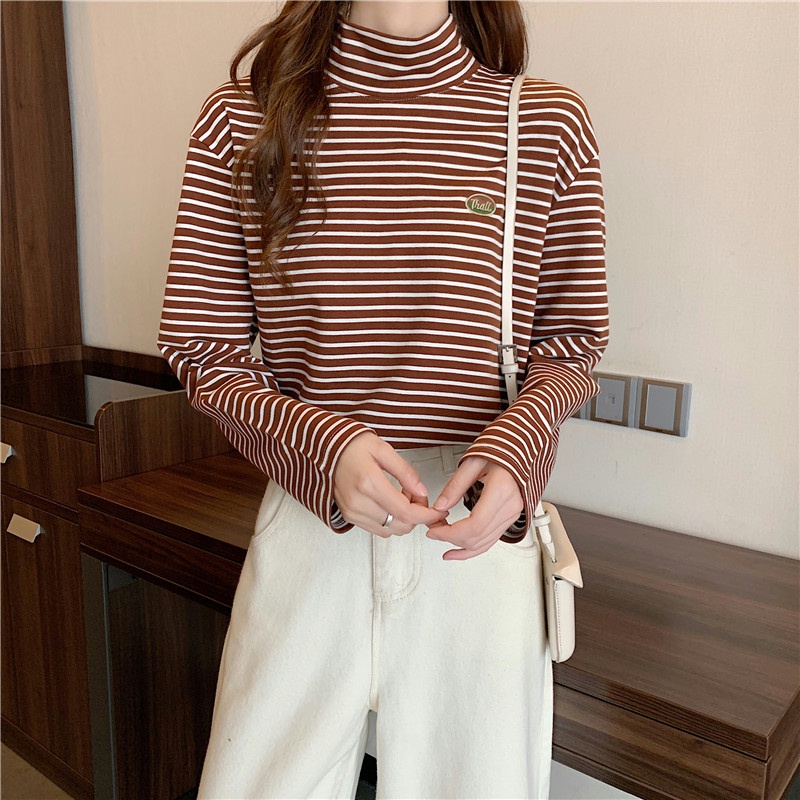 Áo thun tay dài cổ lọ họa tiết sọc ngang thời trang trẻ trung cho nữ