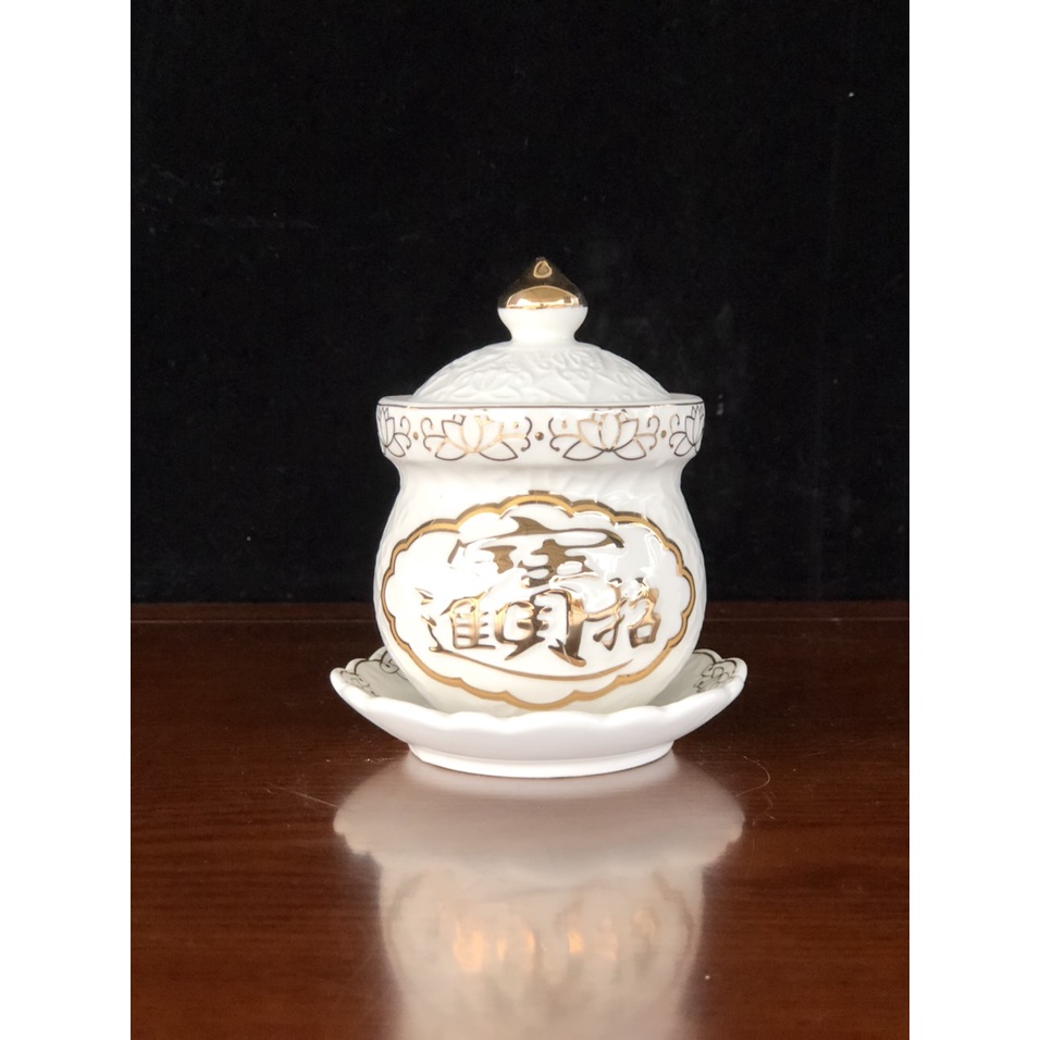 Bộ Thờ Cúng Chun Bi Nước 1618 Họa Tiết Hoa Sen Tím Phối Chữ Bằng Sứ Cao Cấp - Phật Giáo Tường Thuận