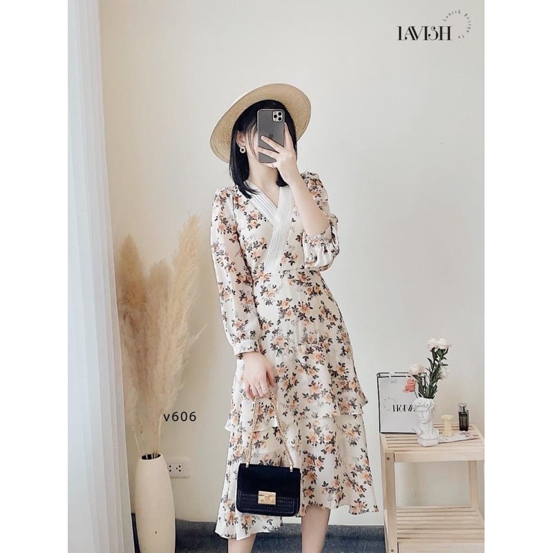 [Mã SKAMA06 giảm 8% tối đa 50K đơn 250K] VNU201 - VÁY BE HOA VÀNG LÁ NÂU CỔ TRẮNG XẾP TẦNG | BigBuy360 - bigbuy360.vn