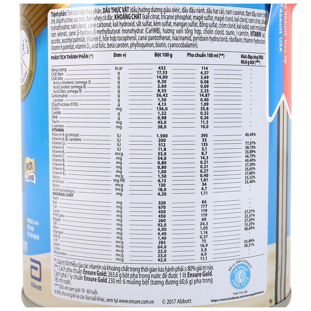 SỮA BỘT ENSURE GOLD HƯƠNG VANI/ ÍT NGỌT HƯƠNG VANI HỘP 400G