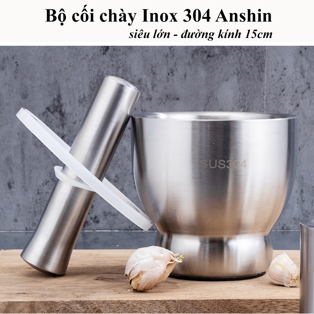 Bộ cối chày Inox 304 Anshin siêu lớn - đường kính 15cm - bảo hành trọn đời không han gỉ