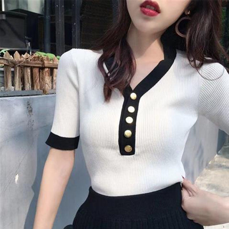 Áo Sweater Cài Nút Cổ V Tay Ngắn Dáng Ôm Phong Cách Hàn Quốc Thời Trang Mới N201 2022