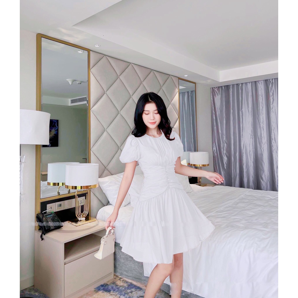 Váy nữ thiết kế dự tiệc, Đầm nhún bèo ly che bụng trẻ trung , dễ thương