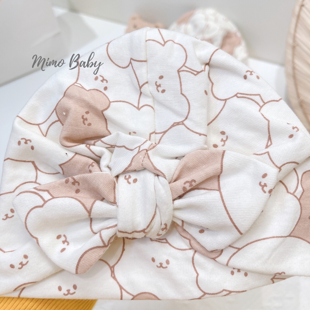 Mũ turban màu kem họa tiết hình gấu cho bé MTB96 Mimo Baby