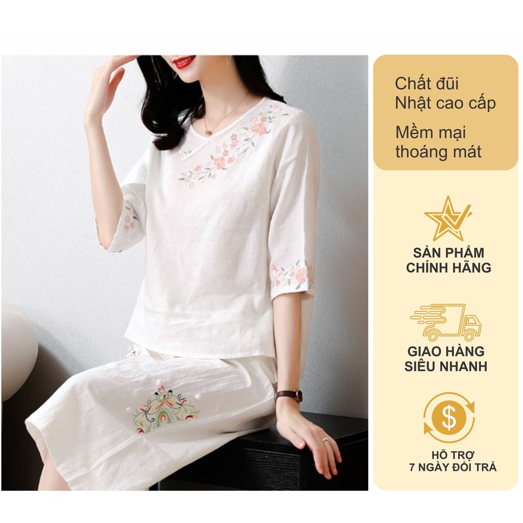 Áo nữ trung niên áo kiểu nữ chất đũi thêu hoa sang trọng món quà ý nghĩa tặng bà tặng mẹ R4