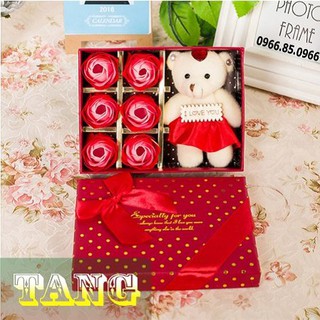 Hoa sáp quà tặng - hoa hồng sáp hộp 6 hoa + gấu