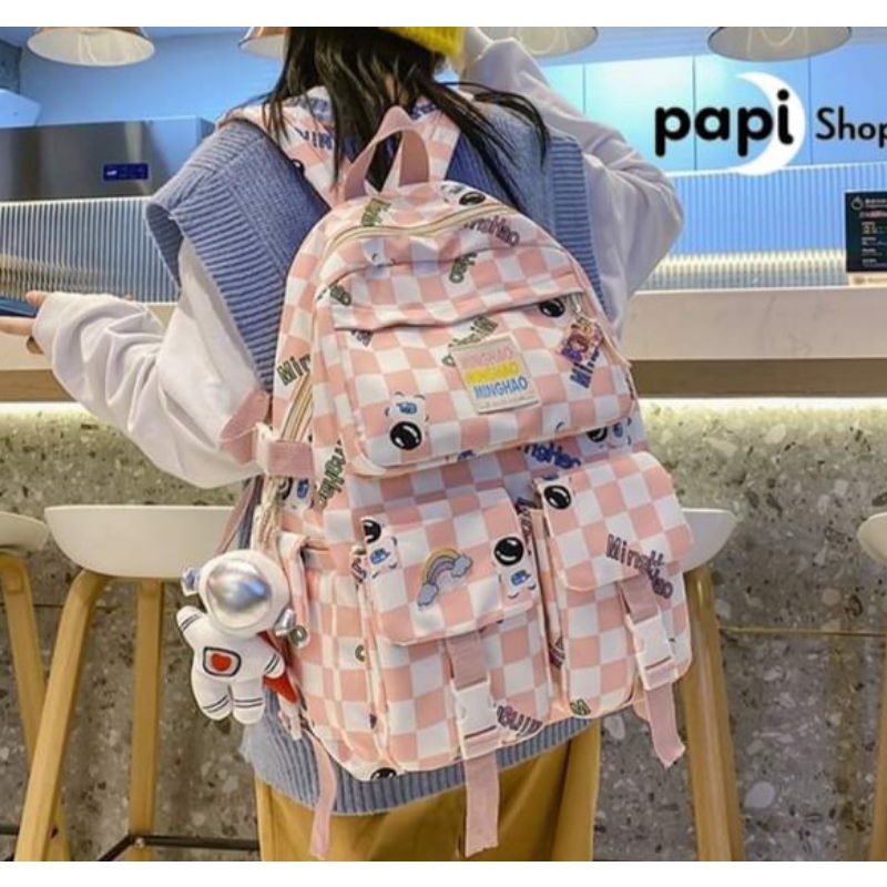 Balo Minghao họa tiết kẻ ô caro cho học sinh du lịch thời trang