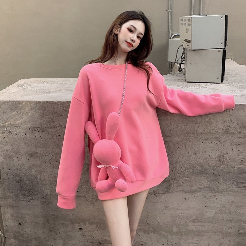 2022 autumn and winter new loose medium-long style solid color round neck pullover thickened sweater female rabbit decorative blouse