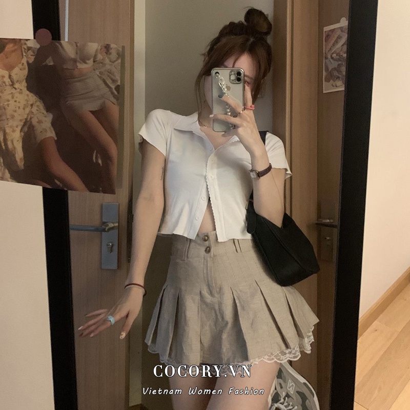 【Cocory】 Áo sơ mi dáng lửng tay ngắn / chân váy chữ A thiết kế xếp ly thời trang cho nữ