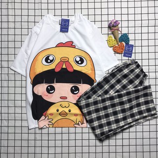 Sét Bộ Quần Áo Ulzzang Girl Style Nữ Ngắn Tay Mặc Đi Chơi, Áo Cotton In 3D Cartoon Em Bé Mũ Gà Mix Quần Ống Rộng Kẻ