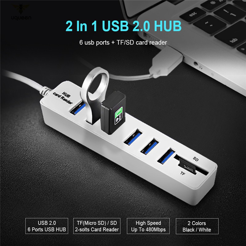 UQ Multi USB Hub USB 2.0 Splitter High Speed 6 Ports Hab TF SD Card Reader All in One for PC