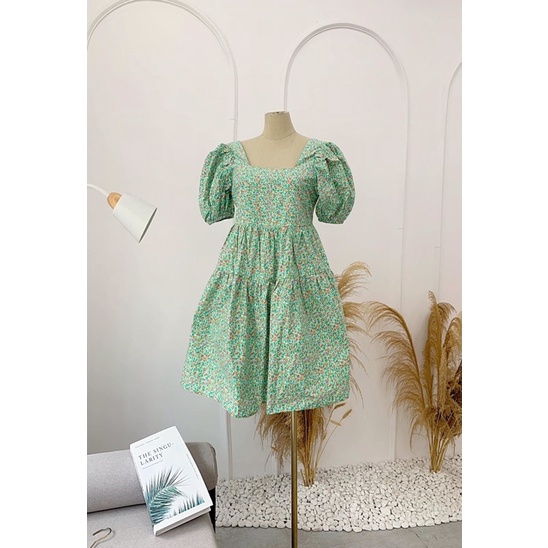Váy babydoll nơ lưng hoa nhí xanh mint ullzang - Đầm xoè cổ vuông tay phồng nơ lưng xanh lá