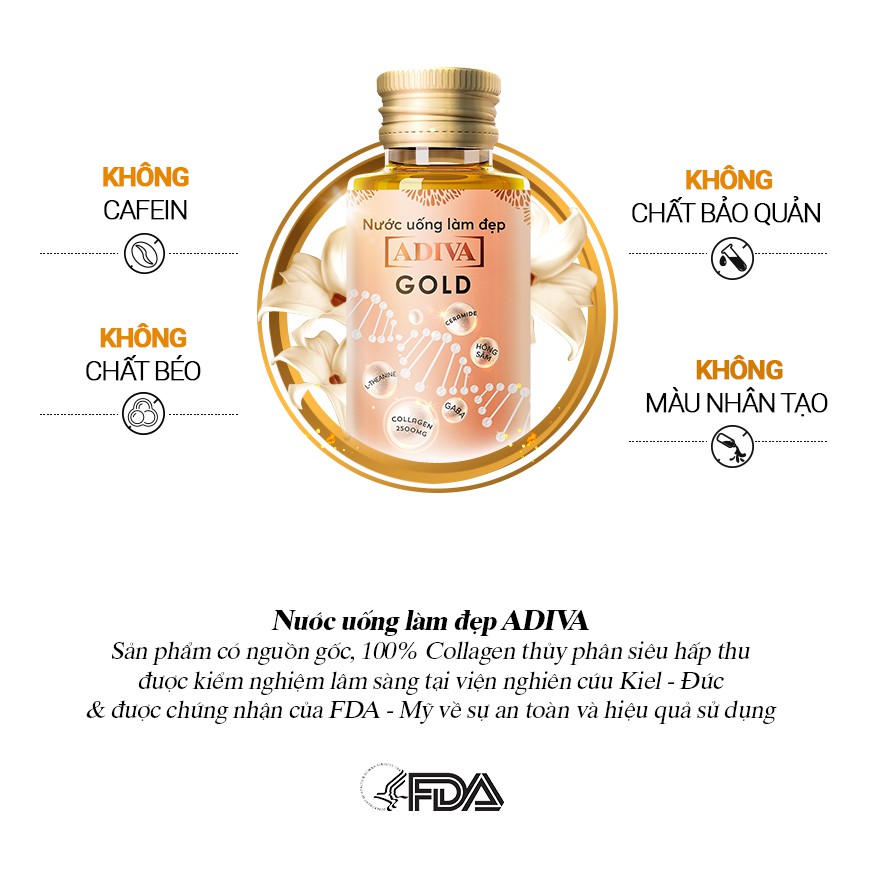 Nước uống làm đẹp Collagen Gold ADIVA 14 lọ/ hộp - Tặng Nghệ Micell ADIVA (lọ 14 viên)