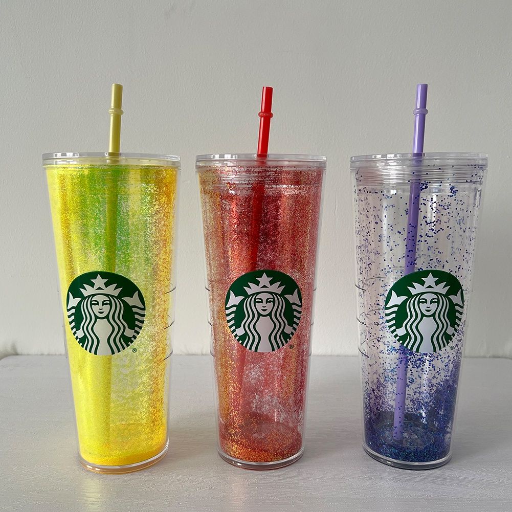 Cổ Điển Starbucks Tumbler Rơm Hai Lớp Laser Bột Đèn Flash Rơm Cốc Chén Nhựa Ins Phong Cách 710ml / 24oz @ RUNA