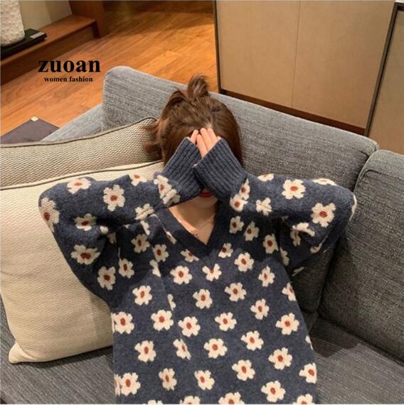 SUXI Áo sweater cổ chữ v tay dài dáng rộng thời trang cho nữ
