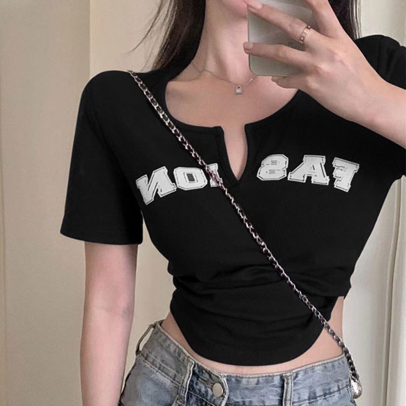 Áo thun YEYA cổ chữ V in chữ đơn giản thời trang cho nữ