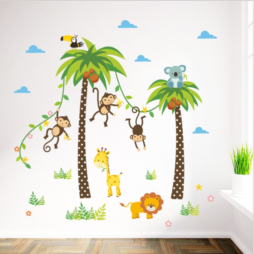 Decal trang trí tường - 2 Cây Dừa và Bày Khỉ tinh nghịch