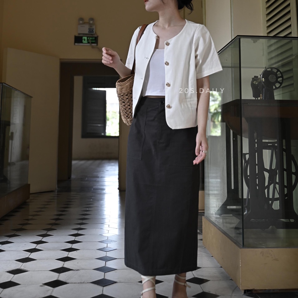 Áo linen cúc trái tim x Chân váy kaki bút chì - ẢNH THẬT SHOP CHỤP