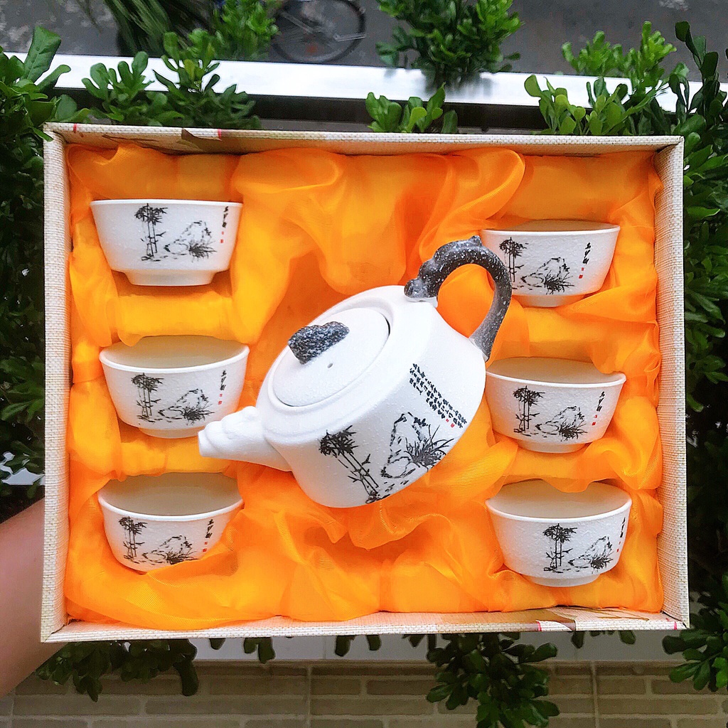 Bộ ly tách ấm trà ống rồng họa tiết phong cảnh, hoa sen phong thủy