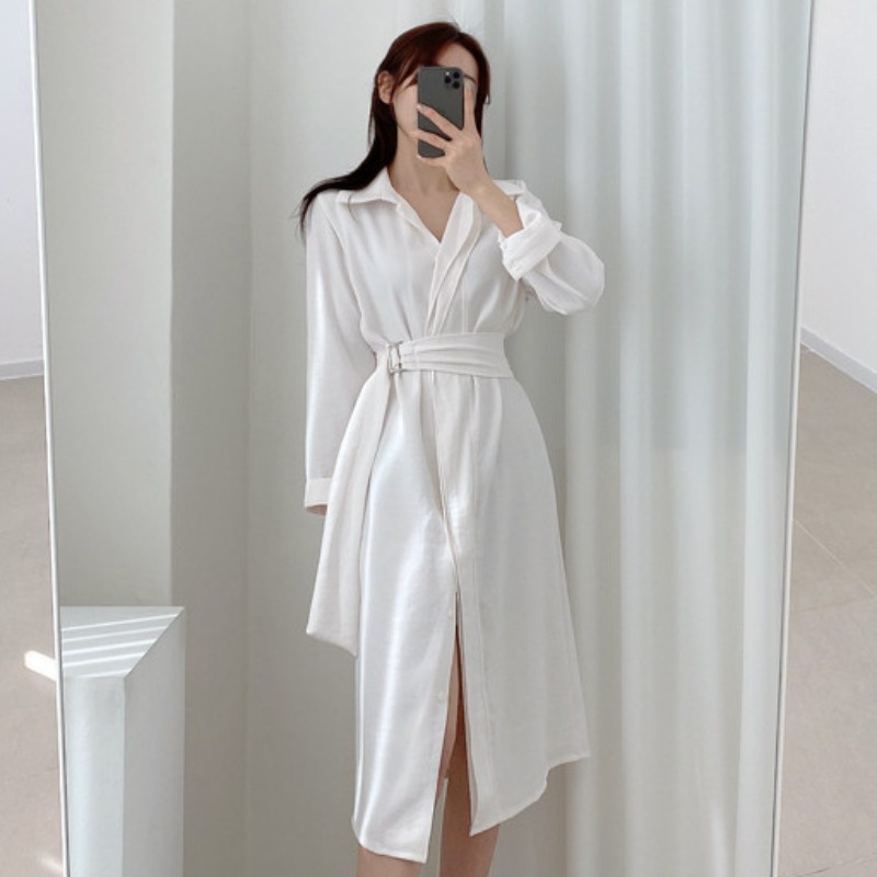 Đầm sơ mi thắt eo giấu cúc dáng dài công sở phong cách nhẹ nhàng vintage