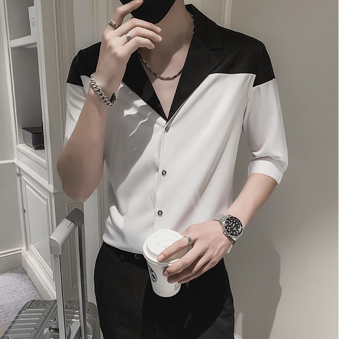 Áo sơ mi nam trắng phối đen Classic Cổ Vest, sơmi phong cách Hàn Quốc lịch lãm SH032