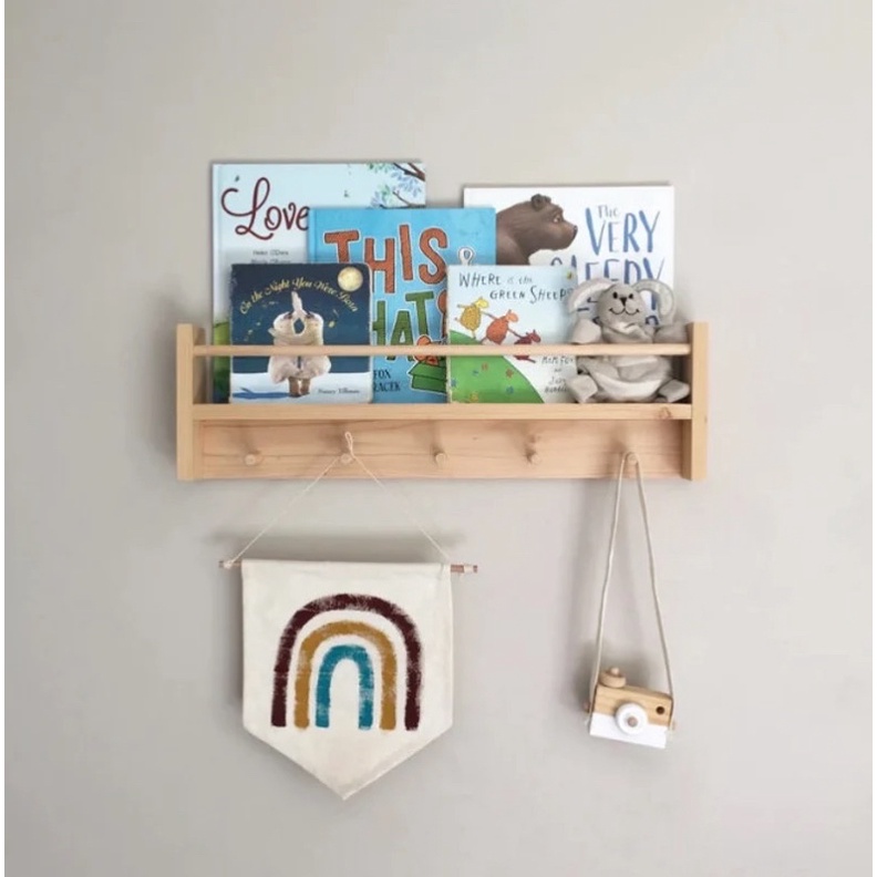 Giá gỗ decor phòng bé, kệ sách gỗ trẻ em kết hợp kệ treo đồ, gỗ thông nhập khẩu loại 1 an toàn, phòng Montessori cho bé
