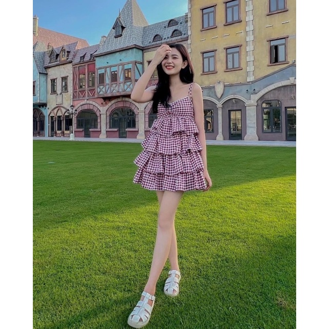 Váy 2 Dây Kẻ Tầng Viền Ngọc Chun Sau Sexy Có Ảnh Thật Kèm Video