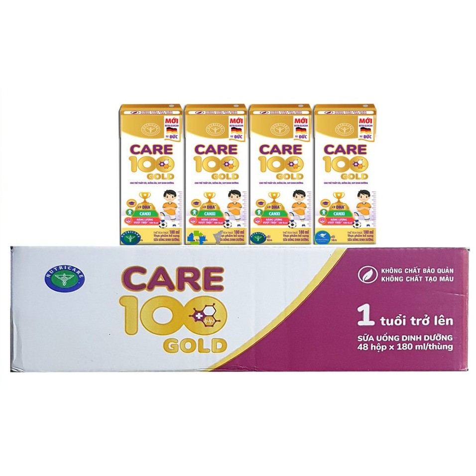 Thùng sữa nước Nutricare Care 100 Gold - cho trẻ thấp còi biếng ăn suy dinh dưỡng (180ml x 48 hộp)