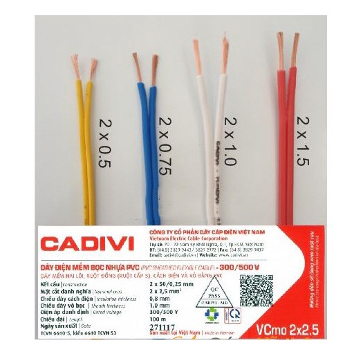 Dây điện đôi CADIVI 2x0.5 - 2x0.75 - 2x1.0 - 2x1.5 (mm) (Bán lẻ theo 1 mét)