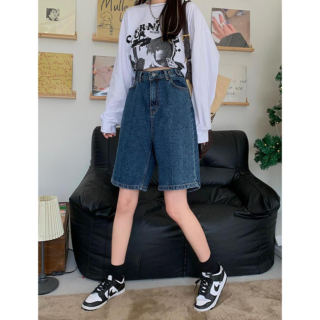 Quần Short Jeans Ống Rộng Lưng Cao Phong Cách Retro Cá Tính 63645