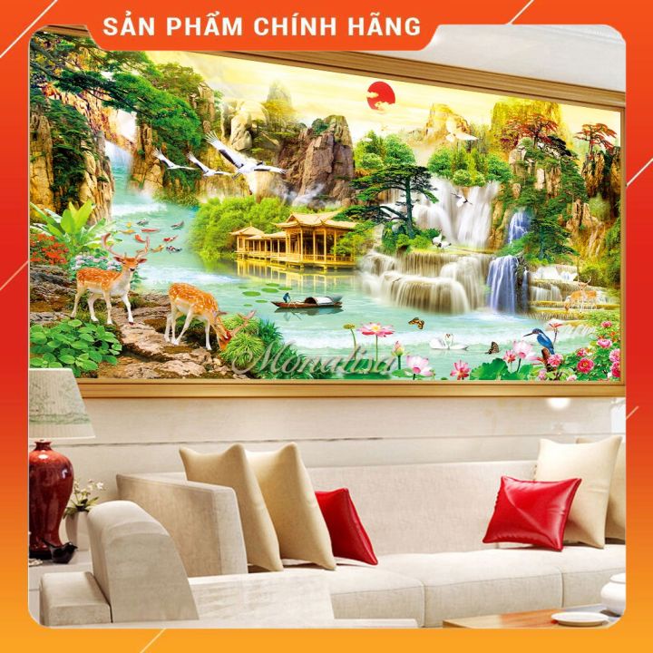 Tranh thêu chữ thập phong cảnh Lưu thủy sinh tài khổ 160x75cm, 200x95cm