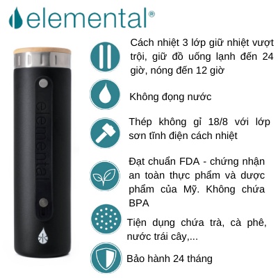 Bình giữ nhiệt Iconic Bamboo Elemental 590ml, giữ nhiệt tốt, inox 304, an toàn sức khoẻ