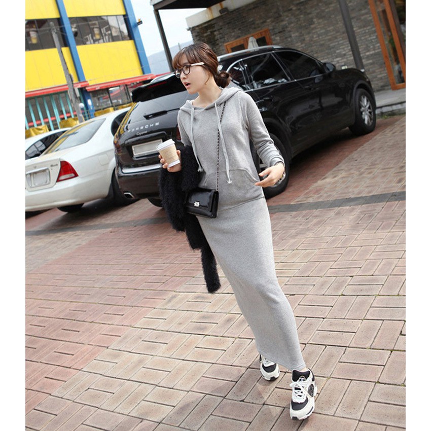 Plus Đầm Hoodie Tay Dài Phối Nhung Dày Dáng Dài Cỡ Lớn Thoải Mái Cho Nữ | BigBuy360 - bigbuy360.vn