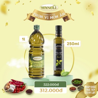 Combo dầu ăn oliu hanoli chai 1l và dầu oliu siêu nguyên chất vị húng quế olympias chai 250ml