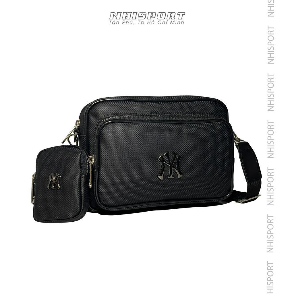 Túi đeo chéo Unisex MLB Slingbag logo NY kim loại đen không gỉ Form ngang 2 ngăn đựng ví điện thoại tiện lợi size 23