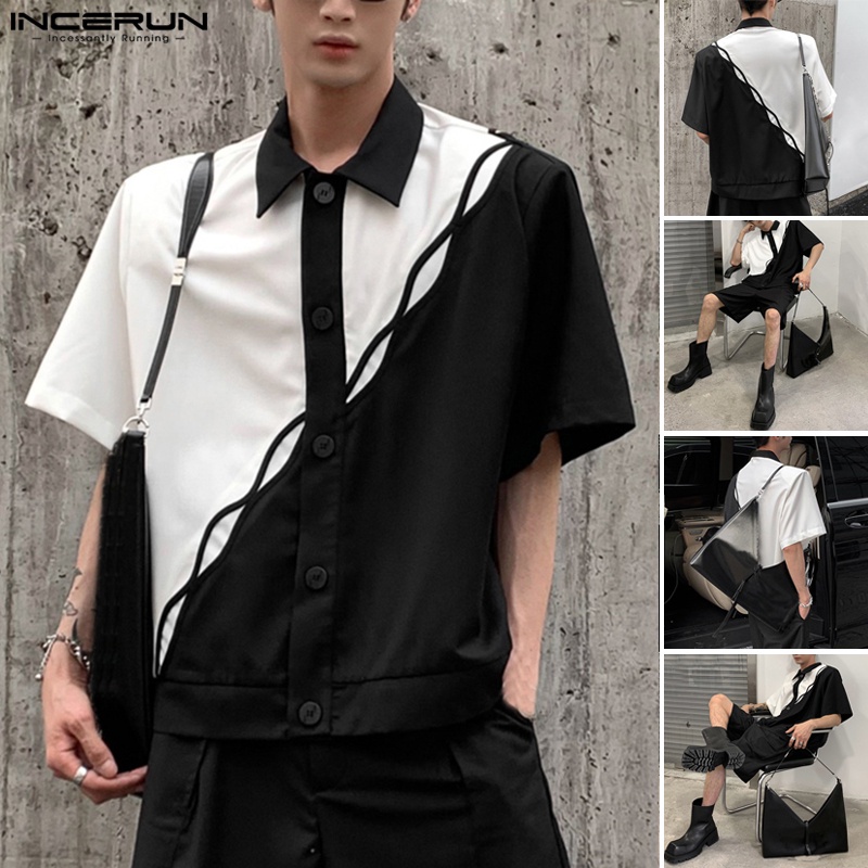 Áo sơ mi INCERUN tay ngắn dáng rộng kết hợp màu sắc trắng và đen phong cách đường phố cá tính dành cho nam
