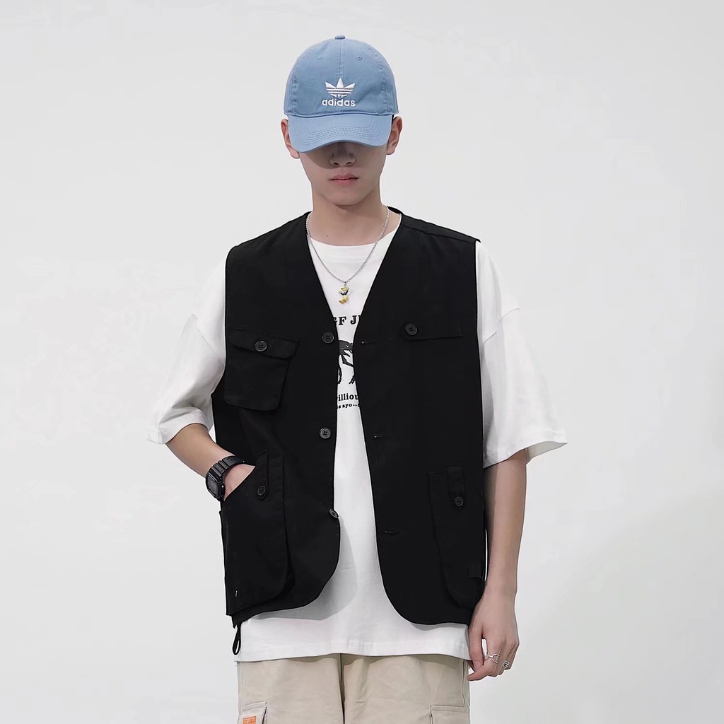♞AFF LIGE♞ Áo khoác không tay dáng rộng nhiều túi phong cách hip hop Hàn Quốc mới cho nam | BigBuy360 - bigbuy360.vn