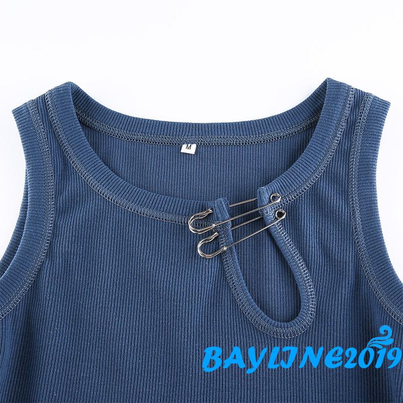 Áo Croptop Dệt Kim Sát Nách Màu Trơn Khoét Lỗ Gợi Cảm Với Ghim An Toàn Trang Trí Cho Nữ