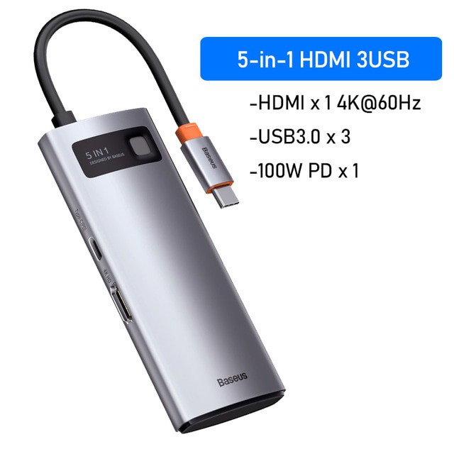  Bộ USB Hub type C Baseus Gleam 5 in 1 mở rộng USB 3.0, HDMI 4K cho laptop, và điện thoại